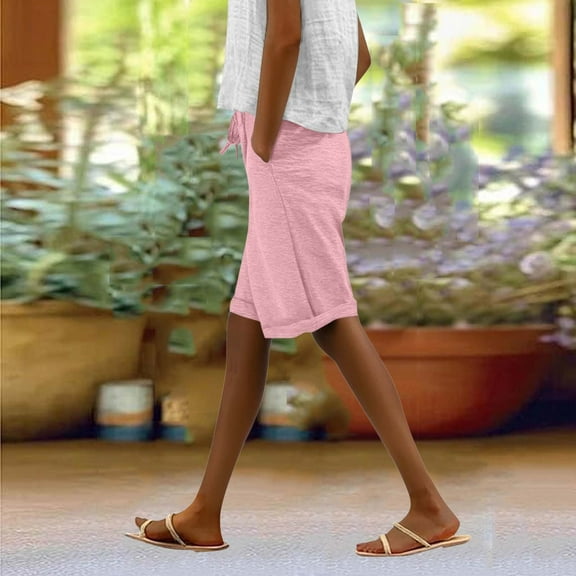 Homenesgenics Shorts for Women $5 Women Solid Color Elastic Waist Sports Casual Pants with Side Pockets Half Shorts Pants Pink XXL