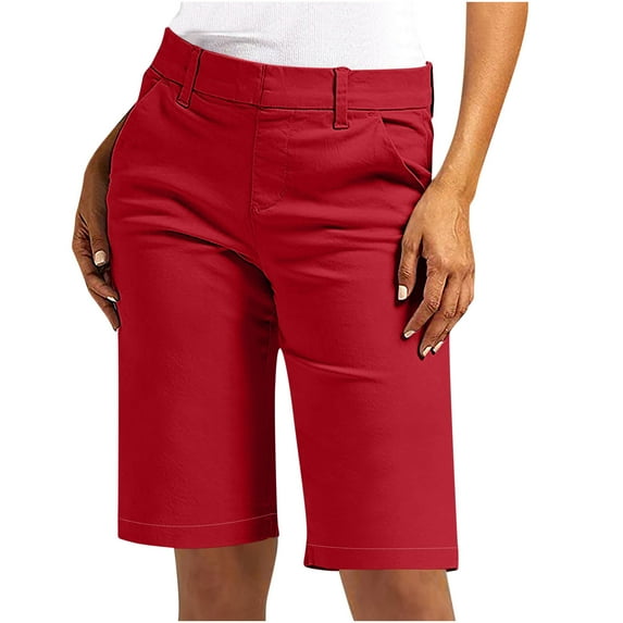 Homenesgenics Shorts for Women $5 Women Solid Color Plus Size Elastic Slim Waist Jumpsuit Regular Hiking Shorts with Pockets Casual Shorts Pants Red L