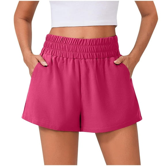 Homenesgenics Shorts for Women Women's Linen Solid Color Shorts with Elastic Waistband Drawstring Side Pockets for Casual Wear Pink S