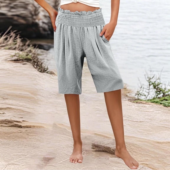 Homenesgenics Shorts for Women Plus Size Linen Women's High Waisted Elastic Waist Wide Shorts Pants Casual Pockets Comfortable Pant Gray S
