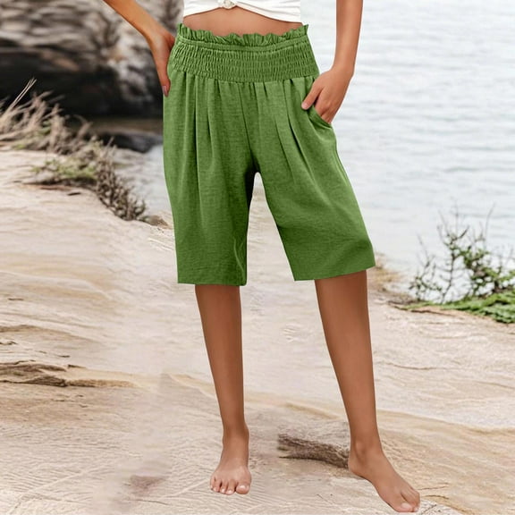 Homenesgenics Shorts for Women Plus Size Linen Women's High Waisted Elastic Waist Wide Shorts Pants Casual Pockets Comfortable Pant Green S
