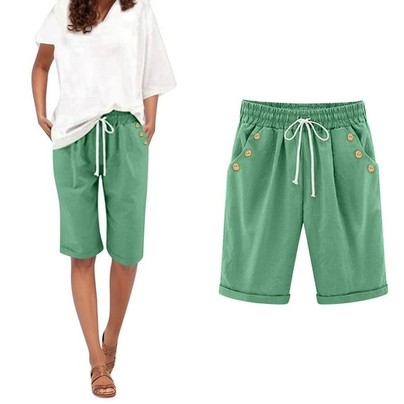 Homenesgenics Shorts for Women Plus Size Women Linen Casual Solid Color Shorts Shorts Drawstring with Pockets Shorts Green XXL