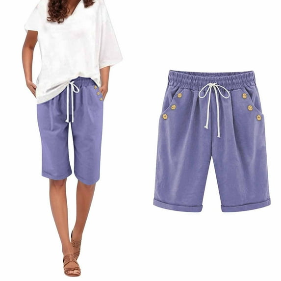 Homenesgenics Shorts for Women Plus Size Women Linen Casual Solid Color Shorts Shorts Drawstring with Pockets Shorts Purple L