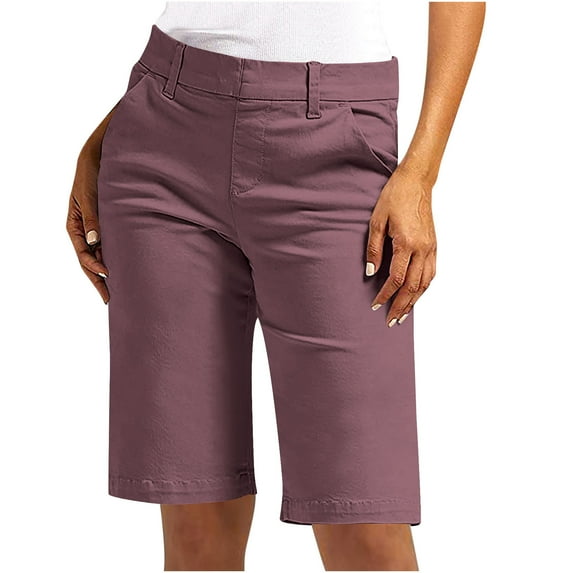 Homenesgenics Shorts for Women $5 Linen Women's Casual Twill Solid Color Shorts with Pocket Half Shorts Pants Purple XXXL