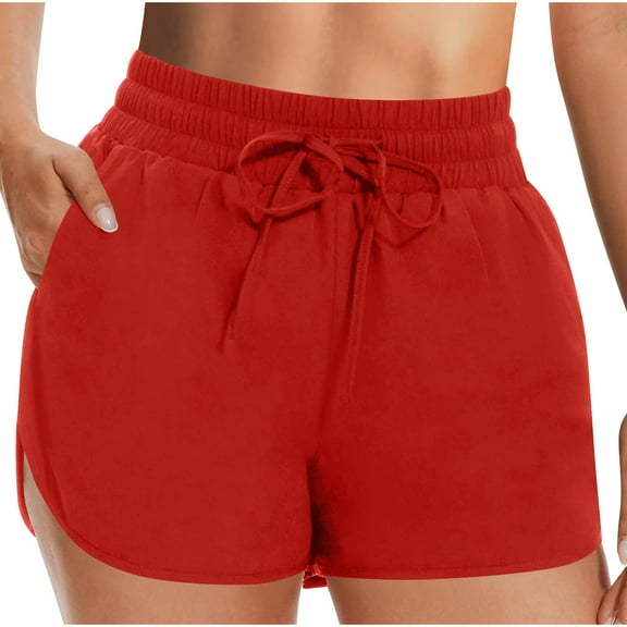 Homenesgenics Shorts for Women $5 Women's Shorts Casual Flowy Linen High Waist Drawstring Elastic Pockets Red L