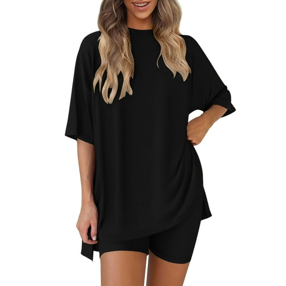 Homenesgenics Shorts for Women $5 Women's Solid Color Round Neck Five Quarter Sleeved+shorts Pants Two-piece Set Black L