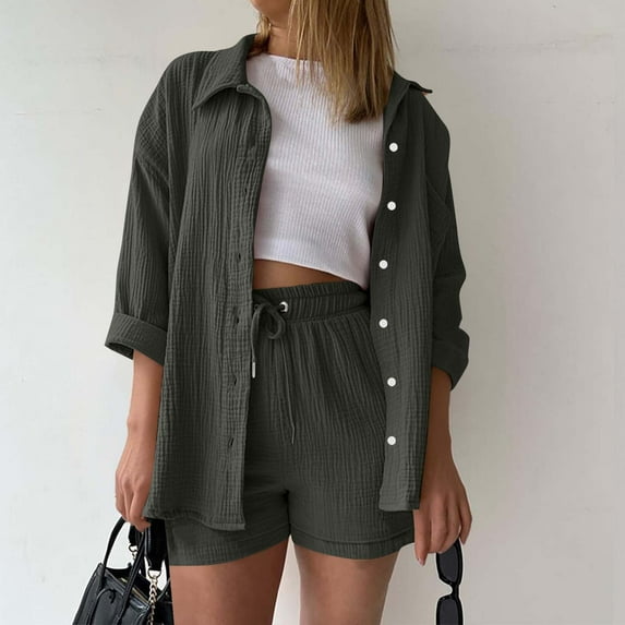 Homenesgenics Shorts for Women Women Casual Solid Color 3/4 Long Sleeve Turndown Collar Pocket Shorts Casual Set Gray S