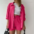 thumbnail image 1 of Homenesgenics Shorts for Women Women Casual Solid Color 3/4 Long Sleeve Turndown Collar Pocket Shorts Casual Set Pink XL, 1 of 6