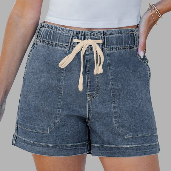 Homenesgenics Shorts for Women Jeans Linen Womens Loose Drawstring Pocket Sexy Denim Shorts Blue XXXL