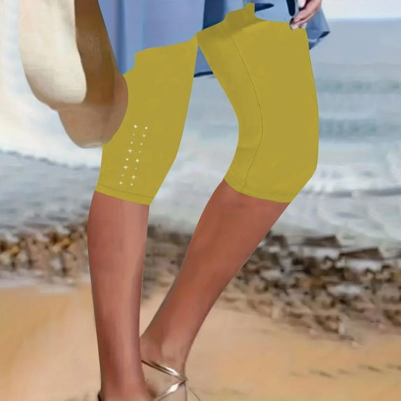 Homenesgenics Shorts for Women Jeans Women's High Waisted Solid Color Capris Matching Slim Fitting Yoga Gym Shorts Yellow XXXL