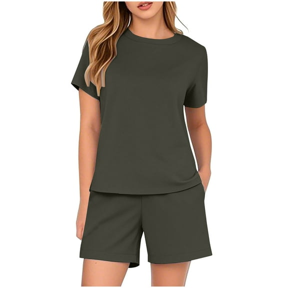 Homenesgenics Shorts for Women Plus Size Women's Casual Solid Color Short Sleeved Shorts Two-piece Set Gray L