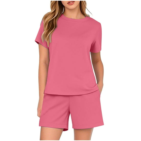 Homenesgenics Shorts for Women Plus Size Women's Casual Solid Color Short Sleeved Shorts Two-piece Set Pink L