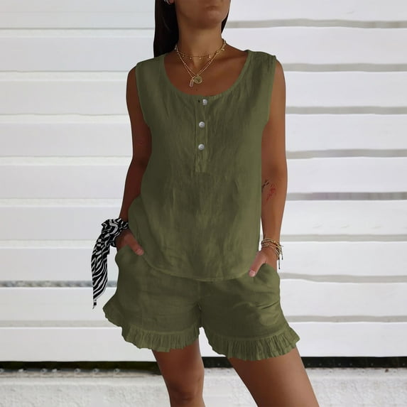 Homenesgenics Shorts for Women Plus Size Women's Solid Color Sleeveless +lace Pocket Pants Two-piece Set Green M