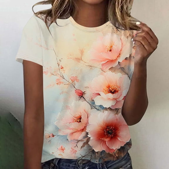 Summer Homenesgenics Womens Tops under $5 Women Fashionable Retro Printed Casual Printed Round Neck Short Sleeved Top Multicolor XXXXXL