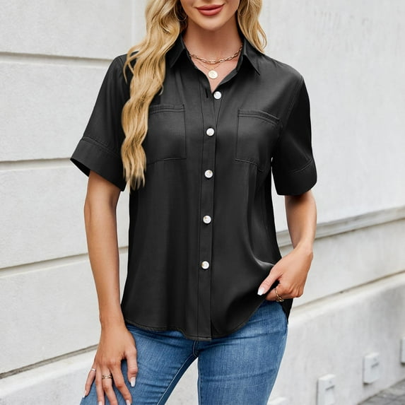 Summer Homenesgenics Womens Tops under $5 Women's Casual Solid Color Button Imitation Denim Short Sleeved Loose Shirt Short Sleeved Lapel Top Black M
