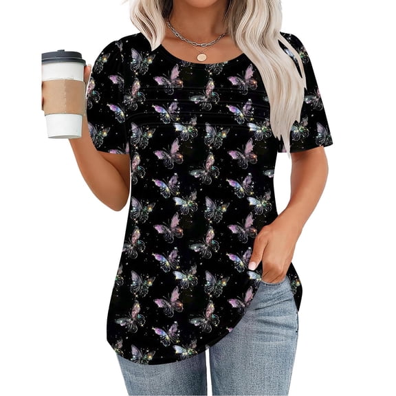 Summer Homenesgenics Womens Tops under $5 Women's New Short Sleeve Round Neck Pullover Chest Pleated Casual Print Top Multicolor XXL