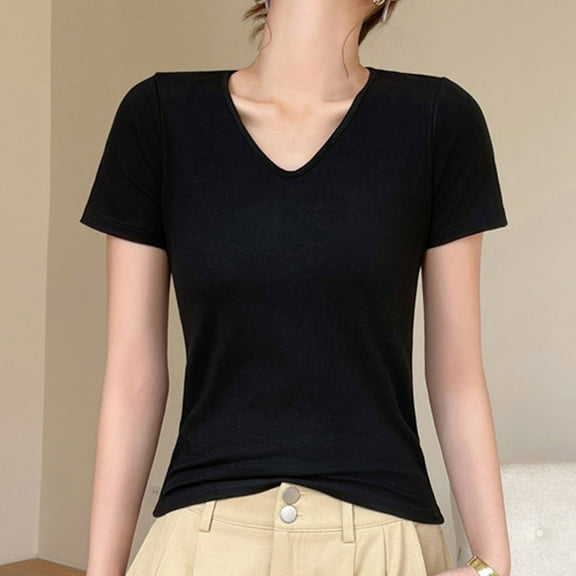 Summer Homenesgenics Womens Tops under $5 Fashion Women's Casual Short Sleeve Solid Ladies V-Neck Blouse Black S