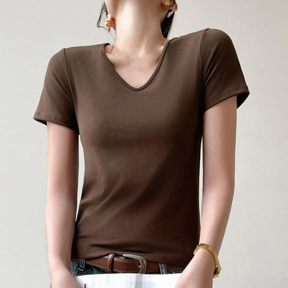 Summer Homenesgenics Womens Tops under $5 Fashion Women's Casual Short Sleeve Solid Ladies V-Neck Blouse Brown XL