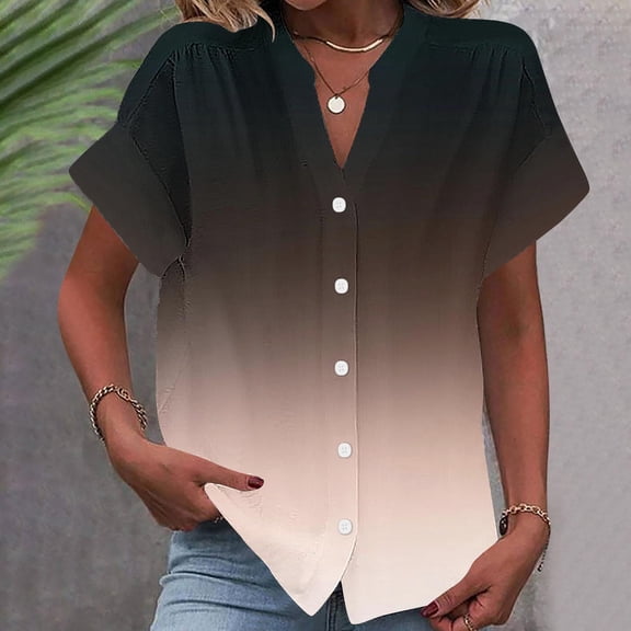 Summer Homenesgenics Womens Tops under $5 Fashion Women's Short Sleeved Solid Color Spring/summer Button Up Shirt Top Beige M