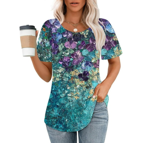 Summer Homenesgenics Womens Tops under $5 Ladies' Casual Short Sleeved Loose Round Neck Printed Top Multicolor M