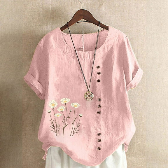 Summer Homenesgenics Womens Tops under $5 Women Casual and Linen Top Printed Short Sleeve Button T-Shirt Blouse Pink M