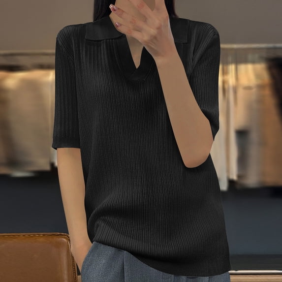 Summer Homenesgenics Womens Tops under $5 Women'S Solid Color V-Neck Five-Point Sleeve Casual Shirt Top Black XXL