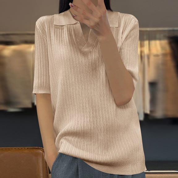 Summer Homenesgenics Womens Tops under $5 Women'S Solid Color V-Neck Five-Point Sleeve Casual Shirt Top Brown L