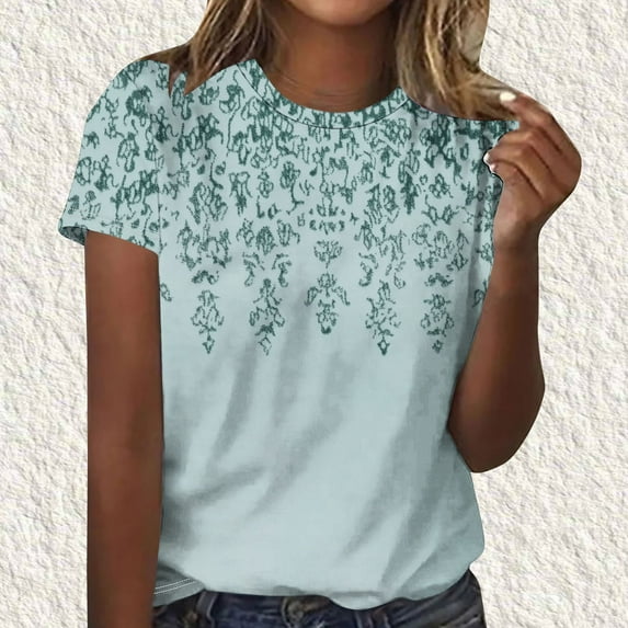 Summer Homenesgenics Womens Tops under $5 Women's Fashion Printed Blouses Short Sleeved Round Neck Green S