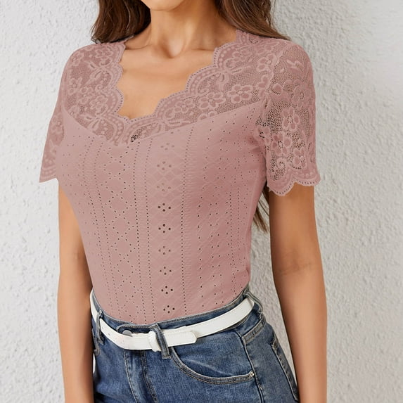 Summer Homenesgenics Womens Tops under $5 Women's Fashion V-Neck Lace Solid Color Short Sleeve Blouses Beige L