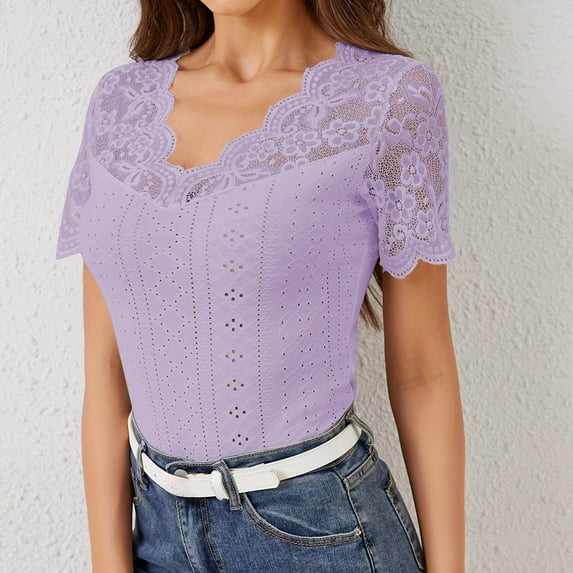 Summer Homenesgenics Womens Tops under $5 Women's Fashion V-Neck Lace Solid Color Short Sleeve Blouses Purple S