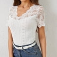 thumbnail image 1 of Summer Homenesgenics Womens Tops under $5 Women's Fashion V-Neck Lace Solid Color Short Sleeve Blouses White M, 1 of 6