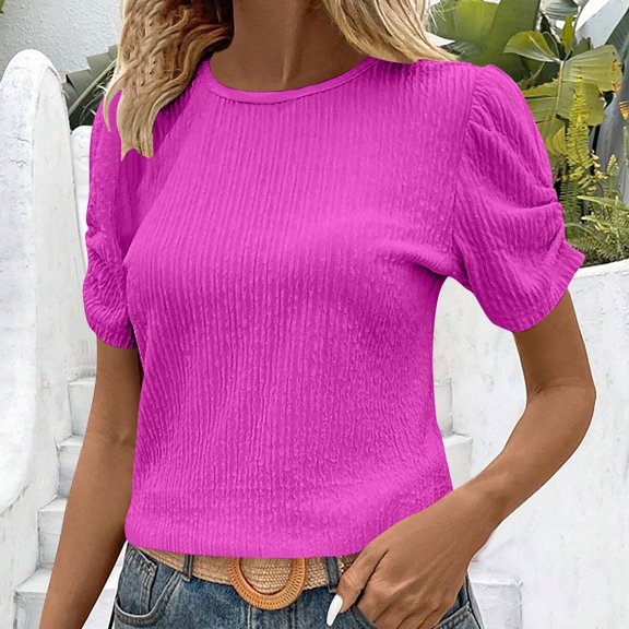Summer Homenesgenics Womens Tops under $5 Women's New Round Neck Short Sleeve Solid Color Casual Top Pink L