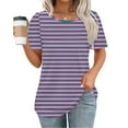thumbnail image 1 of Summer Homenesgenics Womens Tops under $5 Women's New Short Sleeve Round Neck Pullover Chest Pleated Striped Print Top Purple M, 1 of 5