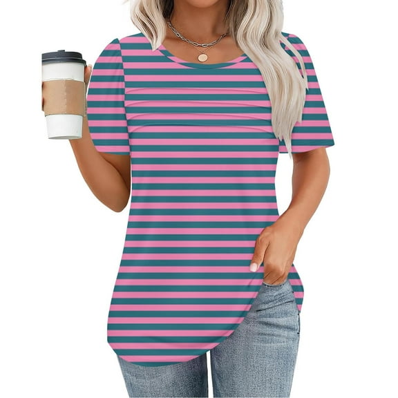 Summer Homenesgenics Womens Tops under $5 Women's New Short Sleeve Round Neck Pullover Chest Pleated Striped Print Top Purple S