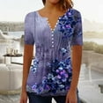thumbnail image 1 of Summer Homenesgenics Womens Tops under $5 Women's New Short Sleeve V-Neck Pleated Button Casual Print Top Purple L, 1 of 5