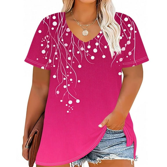 Summer Homenesgenics Womens Tops under $5 Women's Plus Size V-Neck Printing Short Sleeve Solid Color Summer Base T-Shirt Pink XXL