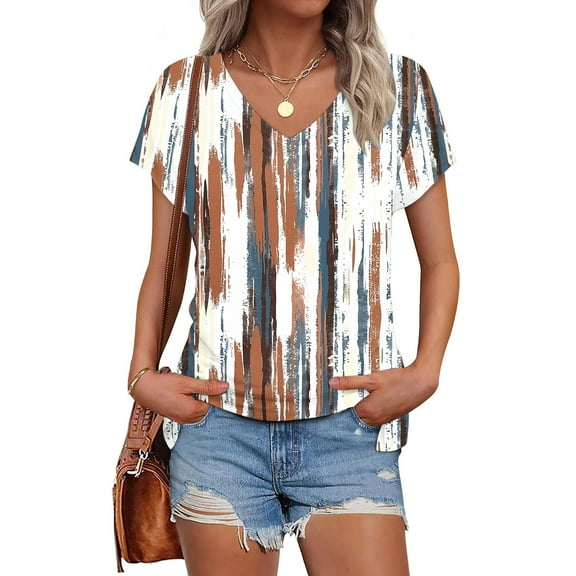 Summer Homenesgenics Womens Tops under $5 Women's Printed V-Neck Short Sleeve T-Shirt Loose Top Short Sleeve Top Multicolor L