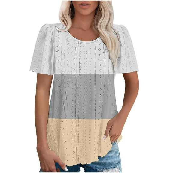 Summer Homenesgenics Womens Tops under $5 Women's Spring/Summer Color Blocked Round Neck Sleeve Short Sleeve Top T-Shirt Beige S