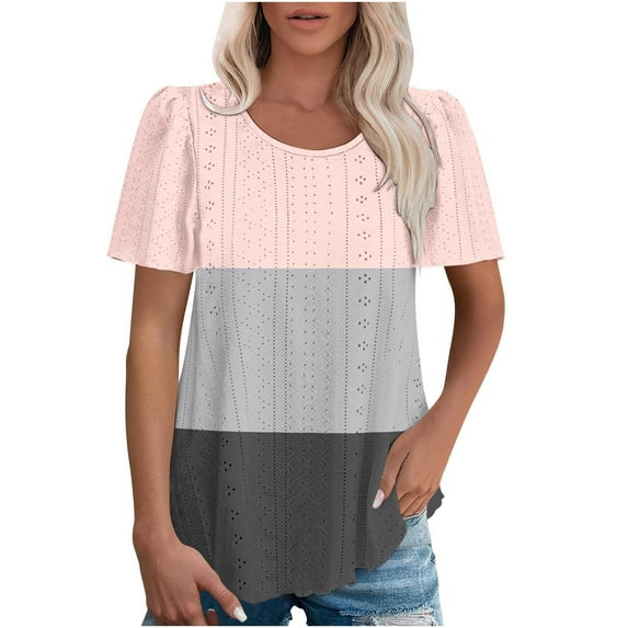 Summer Homenesgenics Womens Tops under $5 Women's Spring/Summer Color Blocked Round Neck Sleeve Short Sleeve Top T-Shirt Pink XXL