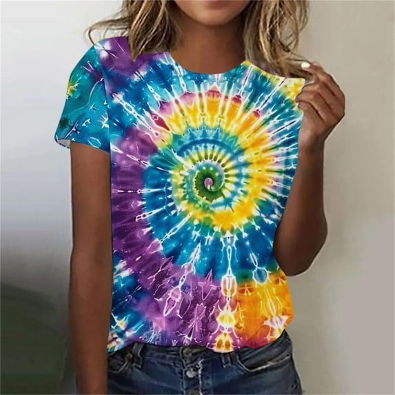 Summer Homenesgenics Womens Tops under $5 Women's Spring and Summer Printed Casual Pullover with Short Sleeves Multicolor M