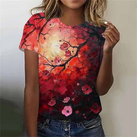 Summer Homenesgenics Womens Tops under $5 Women's Spring and Summer Printed Casual Pullover with Short Sleeves Multicolor M