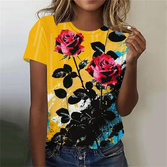 Summer Homenesgenics Womens Tops under $5 Women's Spring and Summer Printed Casual Pullover with Short Sleeves Multicolor S