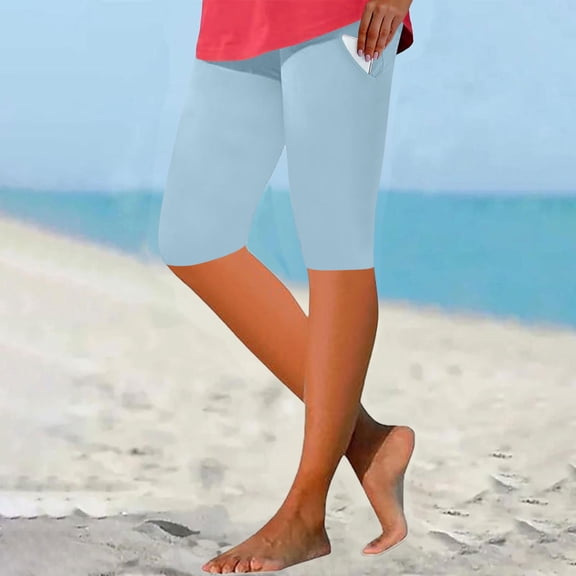 Homenesgenics Work Pants for Women Shorts for Women Athletic Ladies' High Waisted Solid Color Slim Base Five Quarter Waist Belt Pocket Blue S