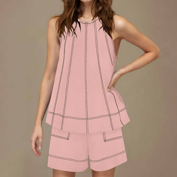 Homenesgenics Work Pants for Women Shorts for Women Athletic Women Solid Color 2 Piece Vacation Outfits Sleeveless Tunic and Loose Shorts with Pockets Tracksuit Linen Set Pink L