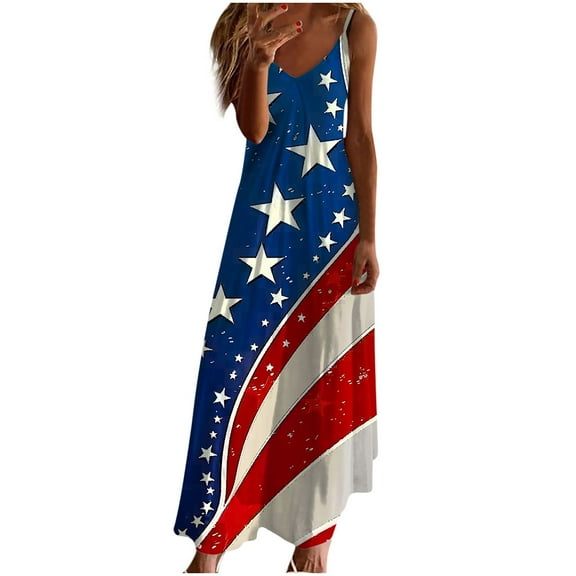 Joau Womens American Flag 4th of July Dresses Star Striped Patriotic Spaghetti Strap Sleeveless Maxi Dress Summer Beach Sundresses