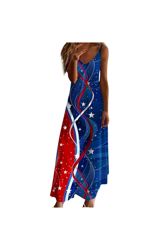 Womens American Flag 4th of July Dresses Star Striped Patriotic Spaghetti Strap Sleeveless Maxi Dress Summer Beach Sundresses