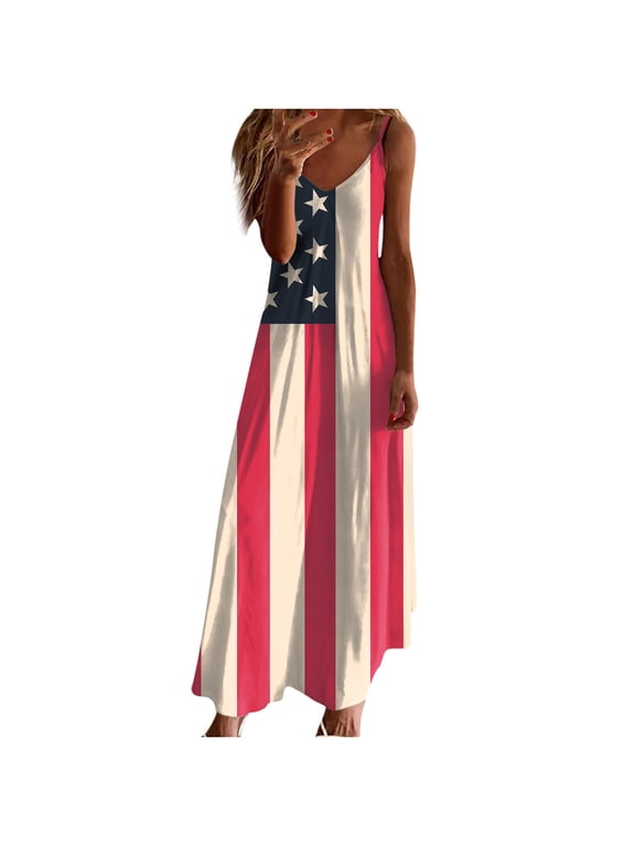Womens American Flag 4th of July Dresses Star Striped Patriotic Spaghetti Strap Sleeveless Maxi Dress Summer Beach Sundresses