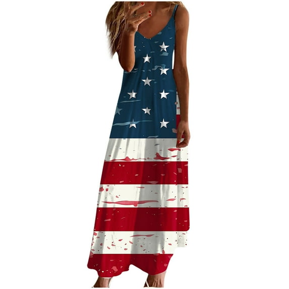 Joau Womens American Flag 4th of July Dresses Star Striped Patriotic Spaghetti Strap Sleeveless Maxi Dress Summer Beach Sundresses