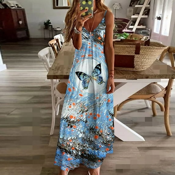 Summer Clearance! Joau Womens Vintage Printed Sleeveless Baggy Maxi Dress Summer Casual V Neck Loose Flowy Long Dress Evening Party Holiday Beach Sundress
