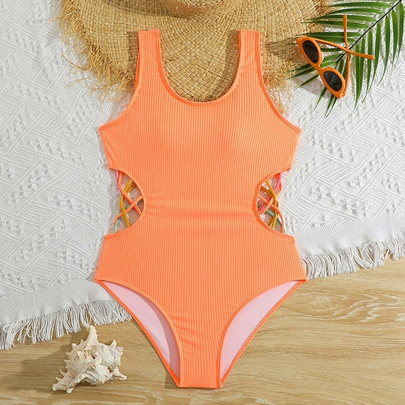 Summer Clearance!KkSLirnhs 10 Years Girls Swimsuits 7-16 Solid Color Comfortable Sleeveless Waisted Girls Swimsuit for Middle and Large Children Orange